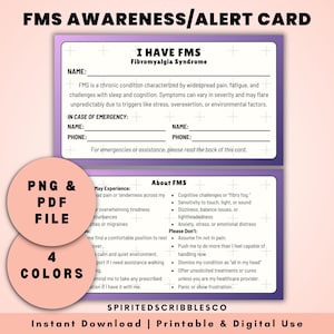 Tarjetas FMS imprimibles Tarjeta de concientización sobre el síndrome de fibromialgia Etiquetas de alerta de contactos de emergencia de condición médica / Descarga digital PNG y PDF Imprimir