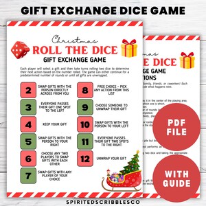 Könnte beinhalten: Ein druckbares Weihnachts-Geschenke-Tausch-Würfelspiel mit rot-weiß gestreiftem Rand. Das Spiel enthält Anweisungen und Aktionen für die Spieler, wie z. B. den Austausch von Geschenken oder das Auspacken. Die Wörter "Gift Exchange Dice Game" und "Roll the Dice" sind zu sehen.