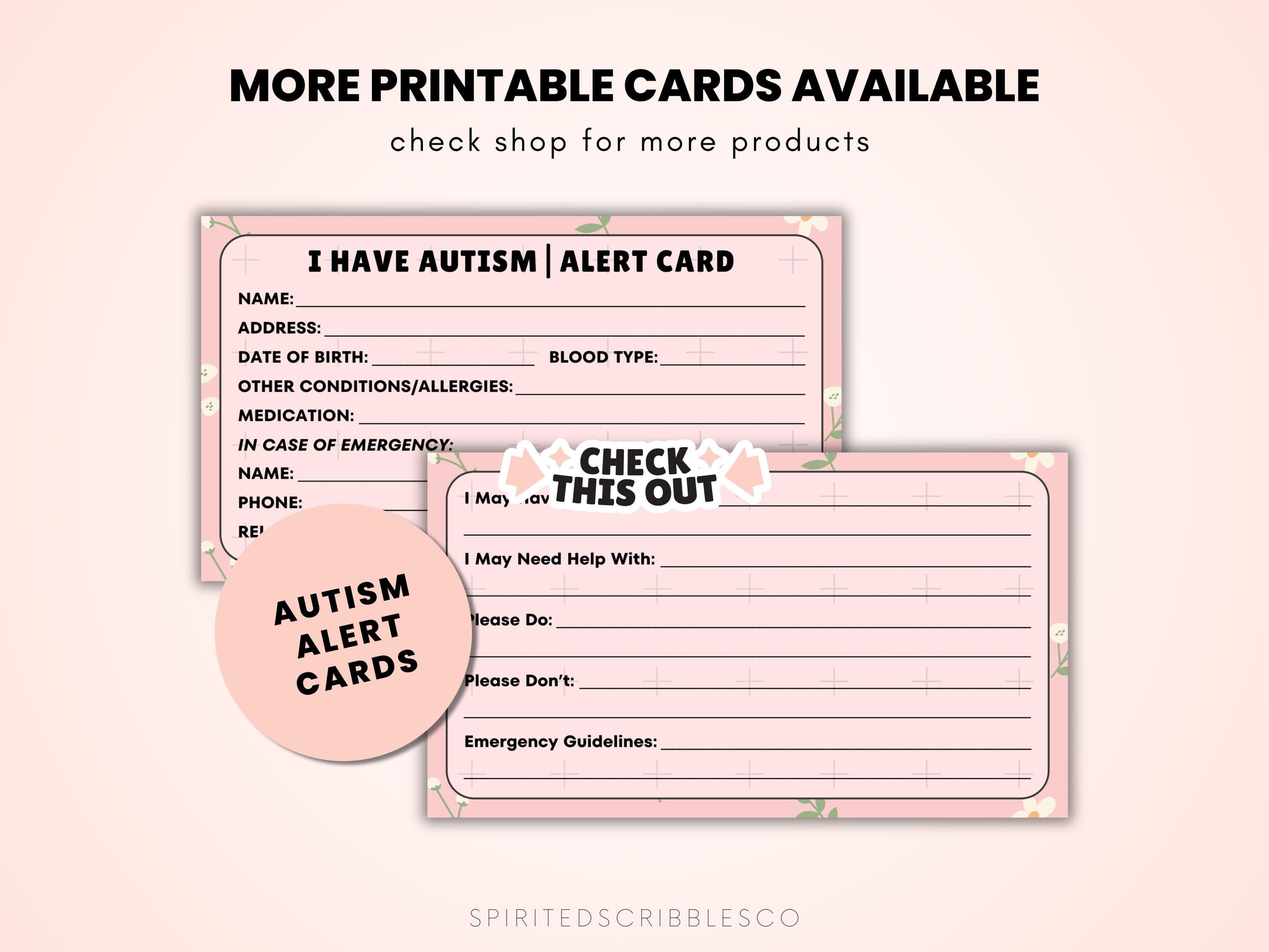 Printable Autism Awareness Card Medical Alert Name Tag in Case of ...
