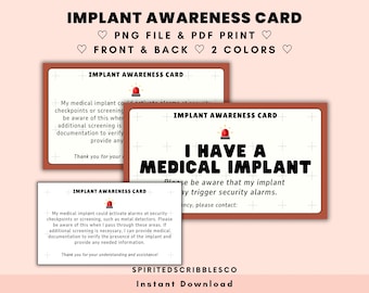 Tarjeta de implante imprimible Alerta de concientización sobre implantes médicos Tarjetas visuales del tamaño de una billetera Etiqueta de discapacidad oculta / PNG y PDF Imprimir Descarga digital
