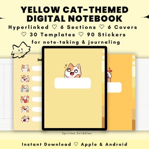 Könnte beinhalten: Ein gelbes digitales Notizbuch mit Katzenmotiv. Das Notizbuch hat 6 Abschnitte, 6 Cover, 30 Vorlagen und 90 Sticker. Das Notizbuch ist verlinkt und kann zum Notieren und Journaling verwendet werden.