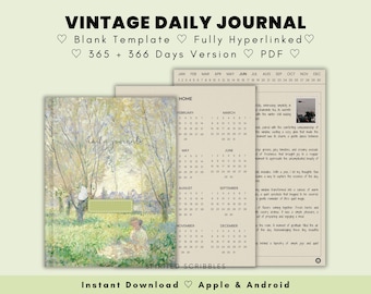 Puede incluir: Una plantilla de diario diario vintage con una pintura de acuarela de un paisaje en la portada. El diario incluye un calendario para cada mes del año y una página en blanco para cada día. El texto "Daily Journal" está escrito en la portada. El texto "Descarga instantánea Apple & Android" está escrito en la parte inferior de la imagen.