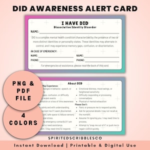 Afdrukbare DIS-kaarten Dissociatieve identiteitsstoornis Bewustzijnskaart Medische aandoening Noodwaarschuwingstags | Digitale download, png en pdf afdrukken