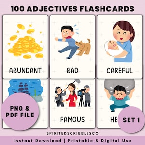 100 englische Adjektive druckbare Karteikarten A-Z Karte Wortarten Kinder Montessori Lernmittel | Digitaler Download PNG & PDF