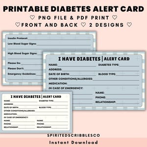Afdrukbare diabeteswaarschuwingskaart medische ID Ice Tag Emergency Diabetic Portemonnee Informatiekaartsjabloon | Digitale download, png en pdf afdrukken