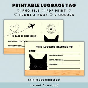 Etiqueta de equipaje imprimible Insertar dos caras lindo gato negro viaje maleta etiquetas tarjetas plantilla de etiqueta de equipaje / PNG & PDF Imprimir descarga digital