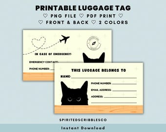 Afdrukbaar bagagelabelinzetstuk dubbelzijdig Leuke zwarte kat reiskofferlabelkaarten Bagagelabelsjabloon | Digitale download, png en pdf afdrukken