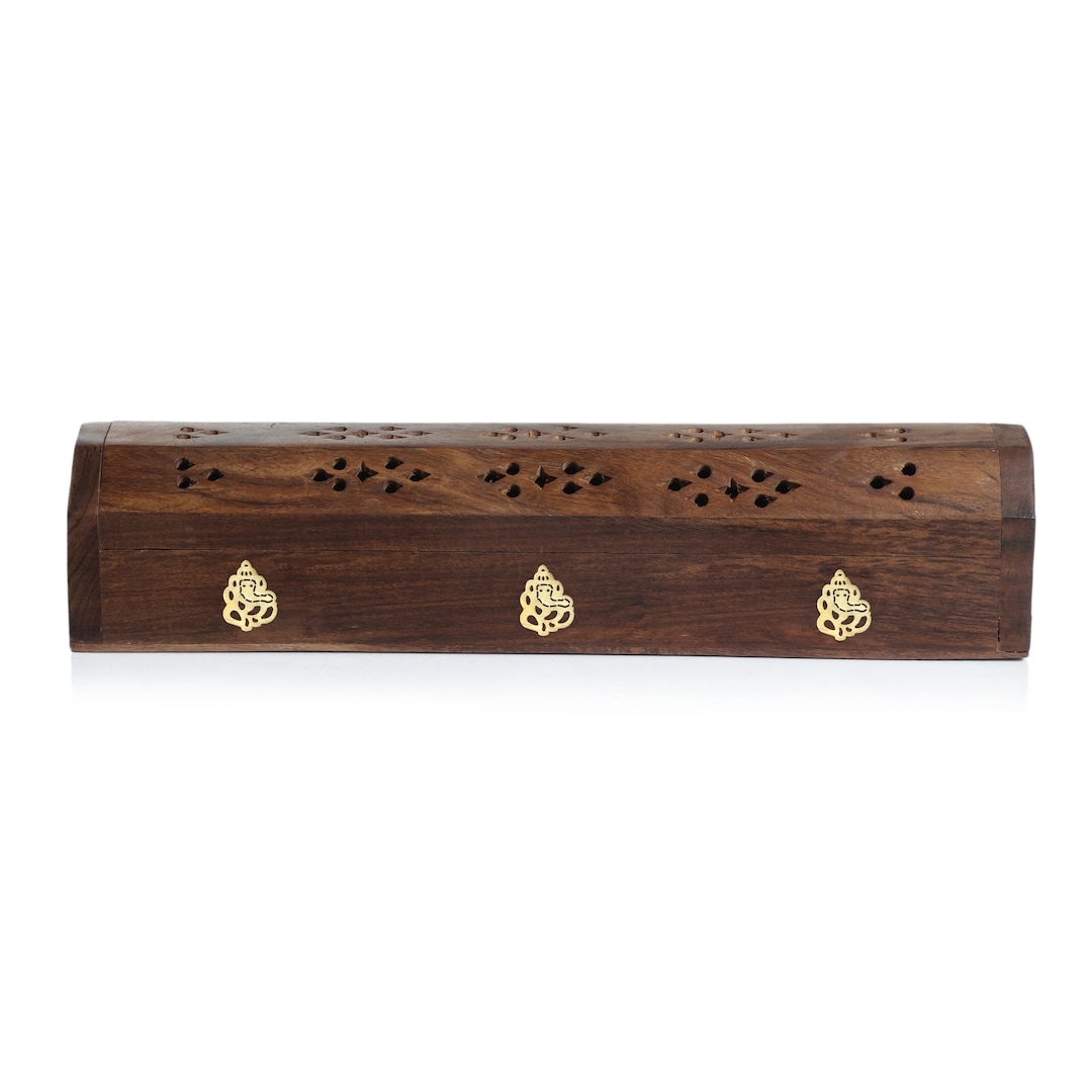 Incense Box Holder With Brass Ganesh Design Inlay Wooden Etsy