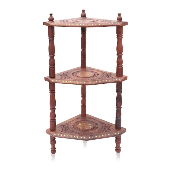 Carved Sheesham Wood Corner Shelf Rack - 3 Tier Table