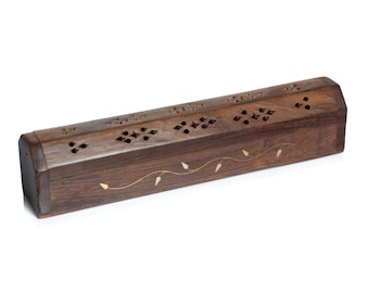 Wooden Incense Box Holder in a Petite Size with Brass Bail Design Inlay