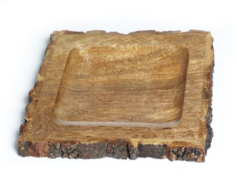 Small Natural Wood Tree Trunk Square Serving Plate with Bark Edge