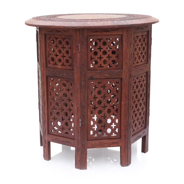 Sheesham Wood Octangle Hand Carved End Table (Large Size) 18 Inch with Brass Detailing