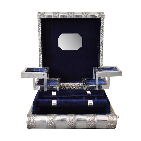 Handcrafted Oxidized Wooden Jewelry Two Vanity Case - Dark Blue & Silver Combination Box with Mirror