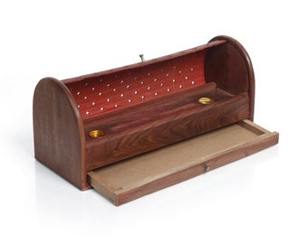 Wooden Carved Incense Holder Box with Shutter Lid and Storage Drawer