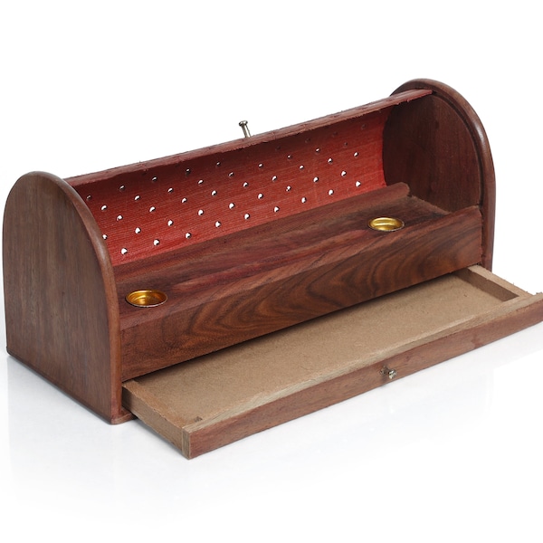 Wooden Carved Incense Holder Box with Shutter Lid and Storage Drawer