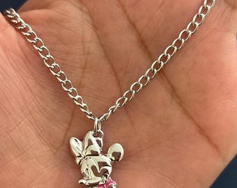 Original Branded Disney Merchandise, Minnie Mouse Figure, Silver and Pink Enamel Pendant with Oval Link Chain.