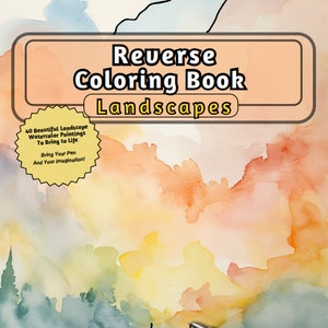 Pode incluir: Um livro de colorir reverso com 40 pinturas de paisagens de aquarela. A capa mostra uma paisagem de pôr do sol colorida com uma caneta em um caminho sinuoso.