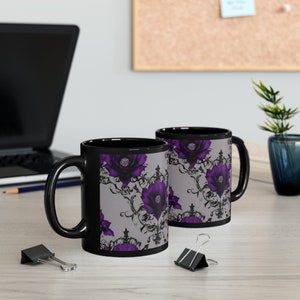 Dark Wave Goth Flowers Violet Purple Grey 11oz Black Mug
