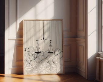 Balanced Scales of Justice Line Art - Minimalist Legal Symbol Illustration - Black and White Law Office Decor - Instant Digital Download