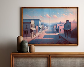 Deserted Wild West Town Canvas Print - Serene Sunset on Main Street - Vintage Western Town Artwork - Pastel Sky Wall Art - Digital Download