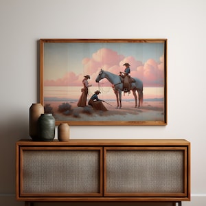 Serene Western Cowgirls Kunstdruck - Pastell Landschaft bei Sonnenuntergang - Pferderücken und Kartenleseszene - Ruhige Cowboy Kunst