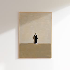 May include: A framed painting of a person in a black robe standing on a beige background. The background is a light grey with a hint of blue.