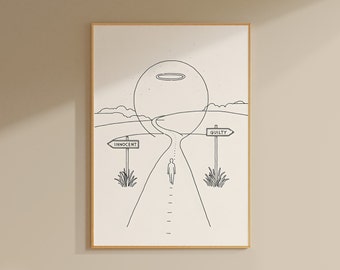 May include: Black and white line drawing of a person walking down a path with two signs, one that says "Innocent" and the other that says "Guilty". The path leads to a large circle with a smaller circle inside it.