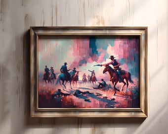 Dramatyczny pokaz kowbojskiego starcia - żywy obraz Western Encounter - płótno Pink Blue Sky Horseback - scena zasadzki na Dzikim Zachodzie