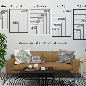 K&ouml;nnte beinhalten: Ein Diagramm, das verschiedene Seitenverh&auml;ltnisse f&uuml;r Kunstwerke zeigt, darunter 3:4, 11:14, 4:5, A1-A4 und 2:3. Das Diagramm zeigt die Abmessungen in Zoll und Zentimetern f&uuml;r jedes Seitenverh&auml;ltnis. Der Text "Sofa ist 76 Zoll (193 cm) breit" steht unter dem Diagramm.
