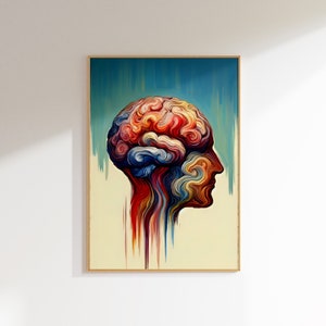 May include: Abstract painting of a human head with a colourful brain, rendered in a style reminiscent of a swirling, melting effect. The background is a blue and yellow gradient.