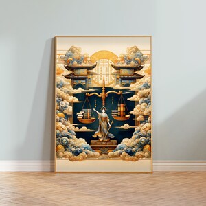 Op de afbeelding: Een digitale illustratie van een vrouw die een zwaard vasthoudt en op een stapel boeken staat. Ze houdt een weegschaal vast met boeken aan elke kant. De achtergrond is een blauwe lucht met wolken en twee gouden gebouwen. De tekst in de afbeelding luidt "Kennis is macht".