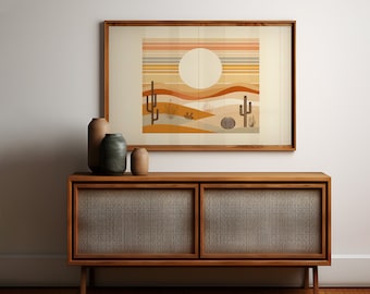 May include: A wooden cabinet with two doors, each with a woven rattan panel. The cabinet is sitting on a wooden floor and has a framed print of a desert landscape with a sun and cacti above it. Three ceramic vases are on top of the cabinet.