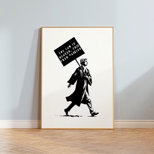 May include: Black and white illustration of a person in a judge's robe walking and holding a sign that reads "The law is reason, free from passion."