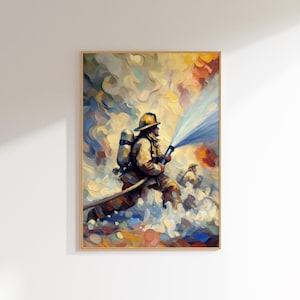 Firefighter in Action Art - Heroic Firefighting Scene Canvas - Fireman Wall Art - Fire Brigade Illustration - firefighter gift