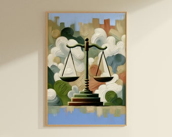 Puede incluir: Una pintura de una balanza de justicia verde con dos cuencos blancos, sobre un fondo de nubes abstractas verdes, blancas y marrones. La balanza está sobre una plataforma marrón con un cielo azul en la parte inferior.