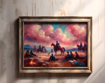 Western Campfire Gathering Art Print - Vivid Sky Cowboy Scene - Equestrian Sunset Canvas - Colorful Western Landscape - Digital Download Art