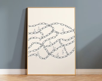May include: Black and white line art print of stick figures walking on a chain link pattern. The print is framed in a light wood frame.