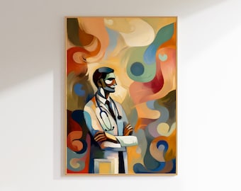 Dokter portretkunst - expressionistische medische persoon canvas - levendige arts kunst aan de muur - moderne gezondheidszorg kunst - dokter cadeau - kliniek kunst