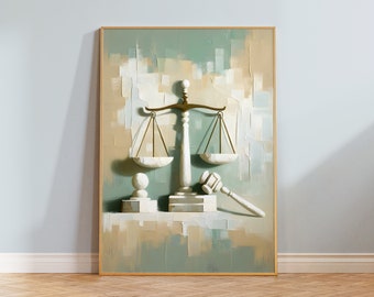 May include: A painting of a white scale of justice with a gavel on a beige and green background.