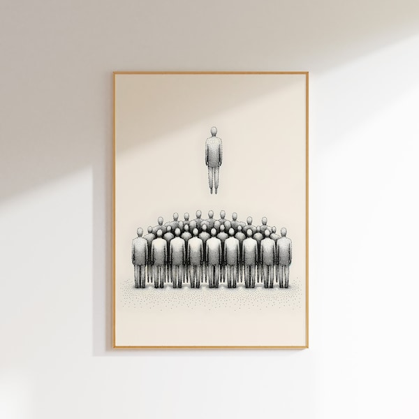 Unity and Leadership Art Print - Minimalist Crowd Illustration - Individuality in Society Wall Art - Modern Monochrome Decor - Gift