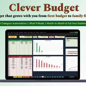 Può includere: Un computer portatile mostra un'interfaccia software di budgeting. Lo schermo mostra grafici e tabelle, con il testo "Clever Budget" in alto. Il software è progettato per crescere con te dal primo budget alle finanze familiari.