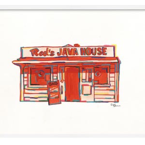 Op de afbeelding: Een ingelijste kunstdruk met een kleurrijke illustratie van een gebouw met de tekst Red's JAVA HOUSE op het bord. De structuur is weergegeven in tinten rood, oranje en wit met dikke omlijningen, inclusief een klein bord aan de voorzijde.