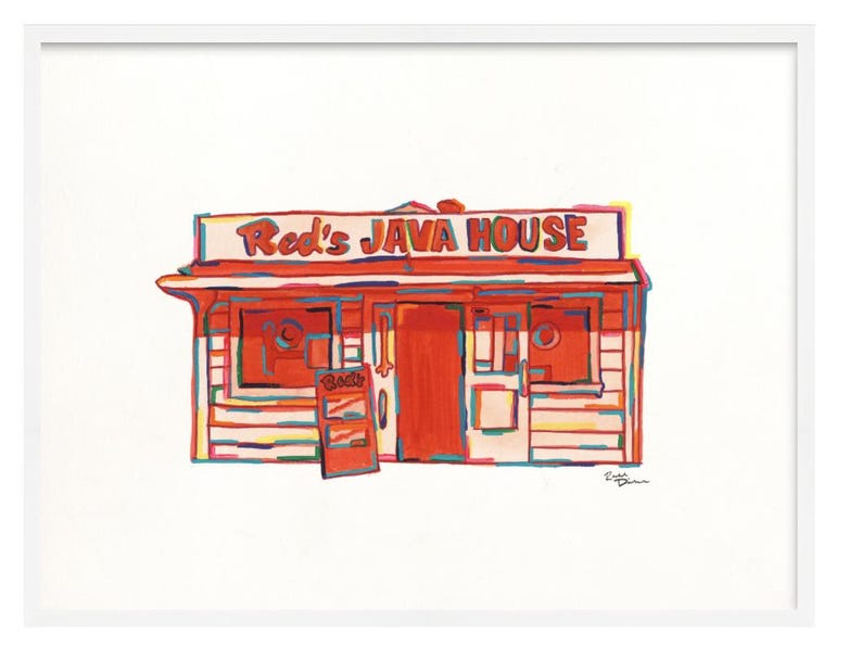 Może przedstawiać: Oprawiony wydruk artystyczny przedstawiający kolorową ilustrację budynku z napisem Red's JAVA HOUSE na szyldzie. Konstrukcja jest wykonana w odcieniach czerwieni, pomarańczu i bieli z wyraźnymi konturami, w tym z małym znakiem z przodu.