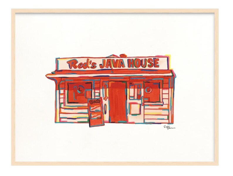 Może przedstawiać: Oprawiony wydruk artystyczny przedstawiający kolorową ilustrację budynku z napisem Red's JAVA HOUSE. Konstrukcja jest wykonana w odcieniach czerwieni, pomarańczu i bieli z wyrazistymi, wielokolorowymi konturami oraz małym szyldem z przodu.