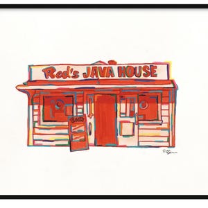 Może przedstawiać: Oprawiony wydruk artystyczny przedstawiający kolorową ilustrację budynku z napisem Red's JAVA HOUSE. Konstrukcja jest wykonana w odcieniach czerwieni, pomarańczu i bieli z niebieskimi i ż&oacute;łtymi konturami, zawiera mały szyld oraz podpis artysty.