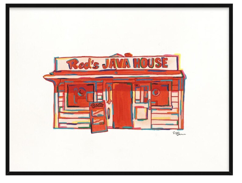 Może przedstawiać: Oprawiony wydruk artystyczny przedstawiający kolorową ilustrację budynku z napisem Red's JAVA HOUSE. Konstrukcja jest wykonana w odcieniach czerwieni, pomarańczu i bieli z niebieskimi i ż&oacute;łtymi konturami, zawiera mały szyld oraz podpis artysty.