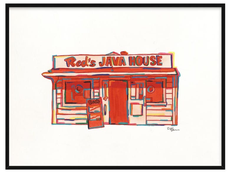 May include: A framed watercolor print of "Red's Java House." The building is painted in shades of red, orange, and yellow, with the words "Red's JAVA HOUSE" across the top. A small sign reads "Red's" in the front. The artwork is signed in the bottom right corner.