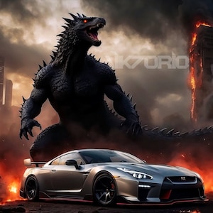 Nissan GTR x Godzilla - Printable Wall Art - Fantasy Artwork - Wallpaper - Digital Download - High Quality - 8K Resolution - Cars