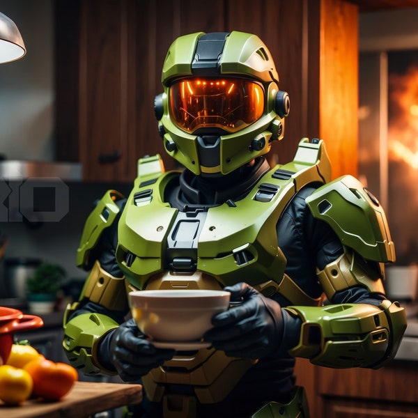 Master Chief in the Kitchen - Halo - Video Games - Funny - Printable Art - Wallpaper - Digital Download - High Quality - 8K