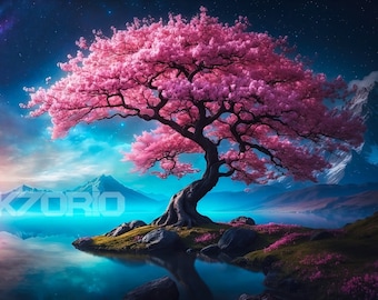 Fantasy Landscape - Cherry Blossom Tree - Beautiful Scenery - Nature - Printable Art - Wallpaper - Digital Download - High Quality - 8K